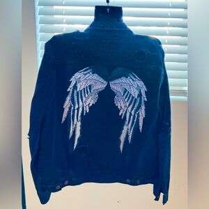 Black denim  distressed Jacket angel wings